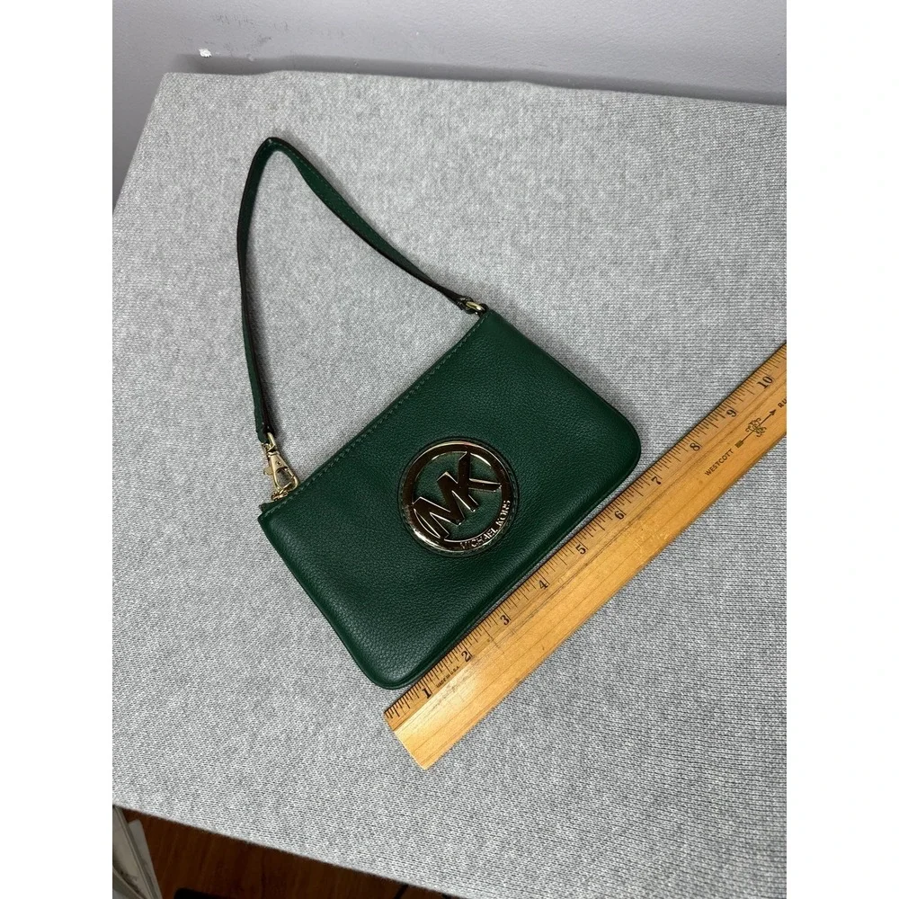 Michael Kors baby bag wristlet green leather with gold metal
